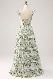 Vestido de fiesta escalonado con volantes florales verdes con abertura