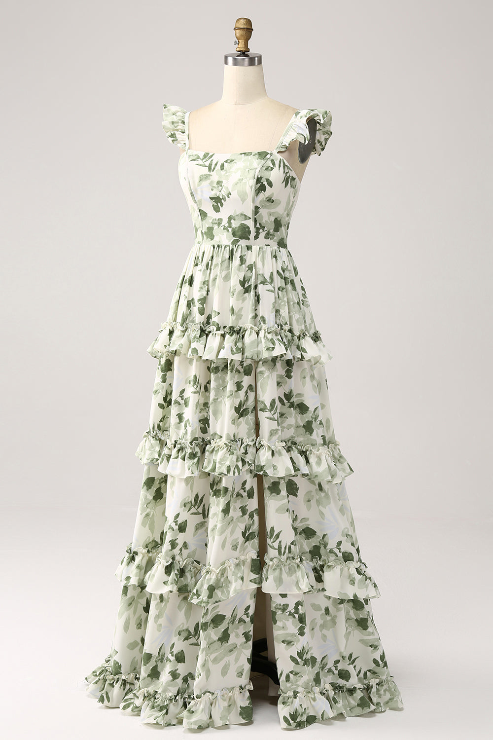 Vestido de fiesta escalonado con volantes florales verdes con abertura
