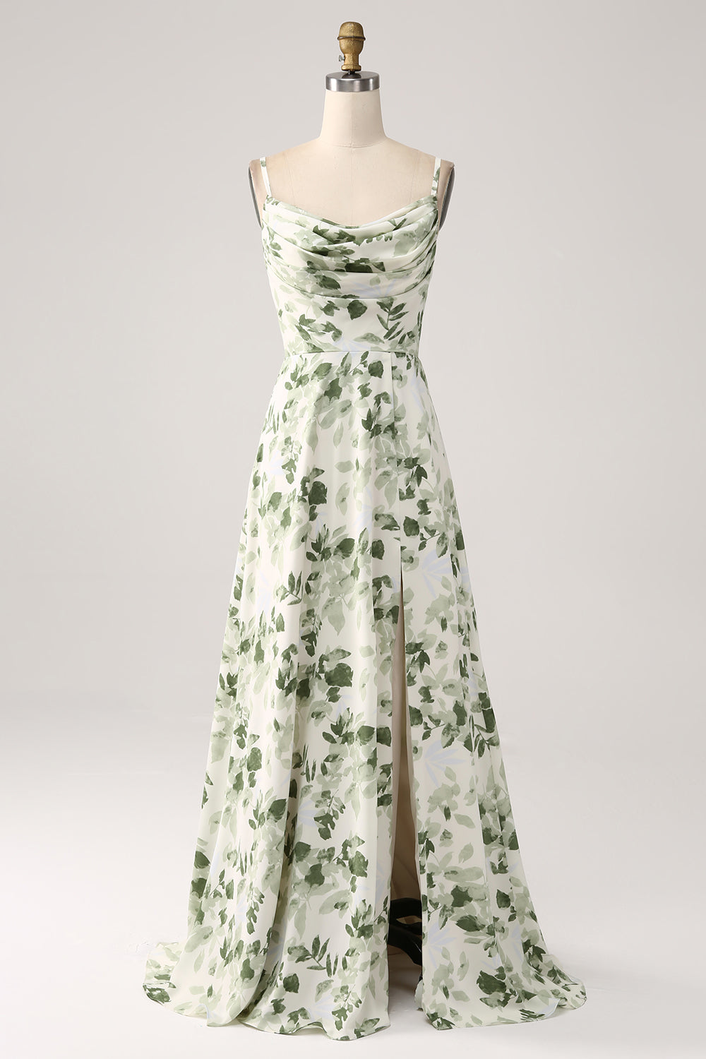 Vestido de fiesta de la línea A floral verde con cuello de capucha con abertura