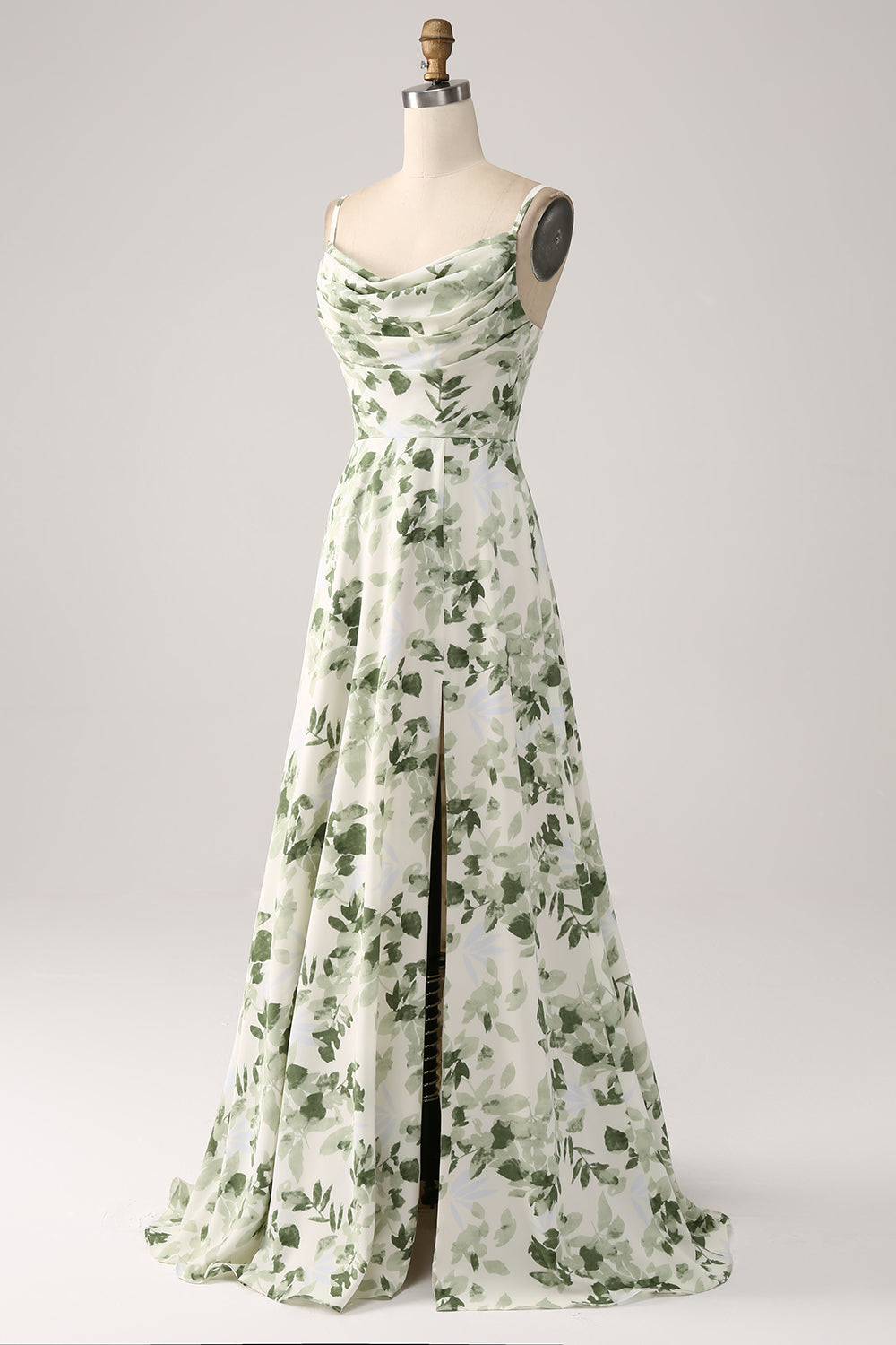 Vestido de fiesta de la línea A floral verde con cuello de capucha con abertura