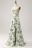 Vestido de fiesta de la línea A floral verde con cuello de capucha con abertura