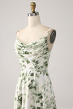 Vestido de fiesta de la línea A floral verde con cuello de capucha con abertura