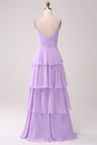 Vestido de dama de honor lila de gasa lila con tirantes finos de una línea con abertura