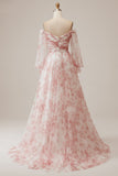 Ivory Flower A Line Off the Shoulder Vestido de novia floral plisado con mangas largas