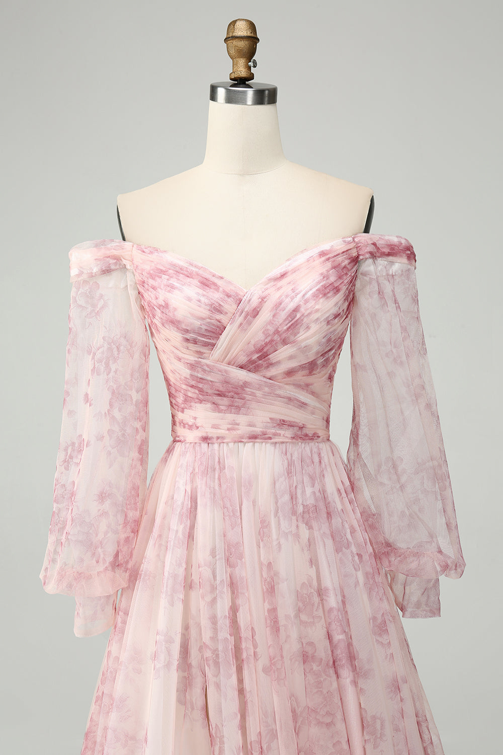 Vestido de fiesta con estampado de hombros descubiertos de flor de rubor con abertura