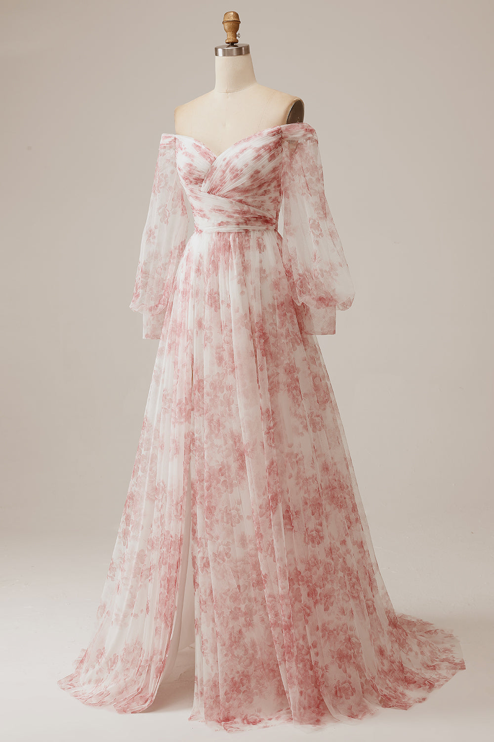 Ivory Flower A Line Off the Shoulder Vestido de novia floral plisado con mangas largas