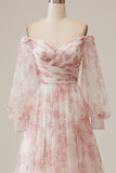 Ivory Flower A Line Off the Shoulder Vestido de novia floral plisado con mangas largas