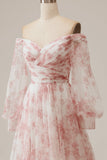 Ivory Flower A Line Off the Shoulder Vestido de novia floral plisado con mangas largas