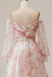 Ivory Flower A Line Off the Shoulder Vestido de novia floral plisado con mangas largas