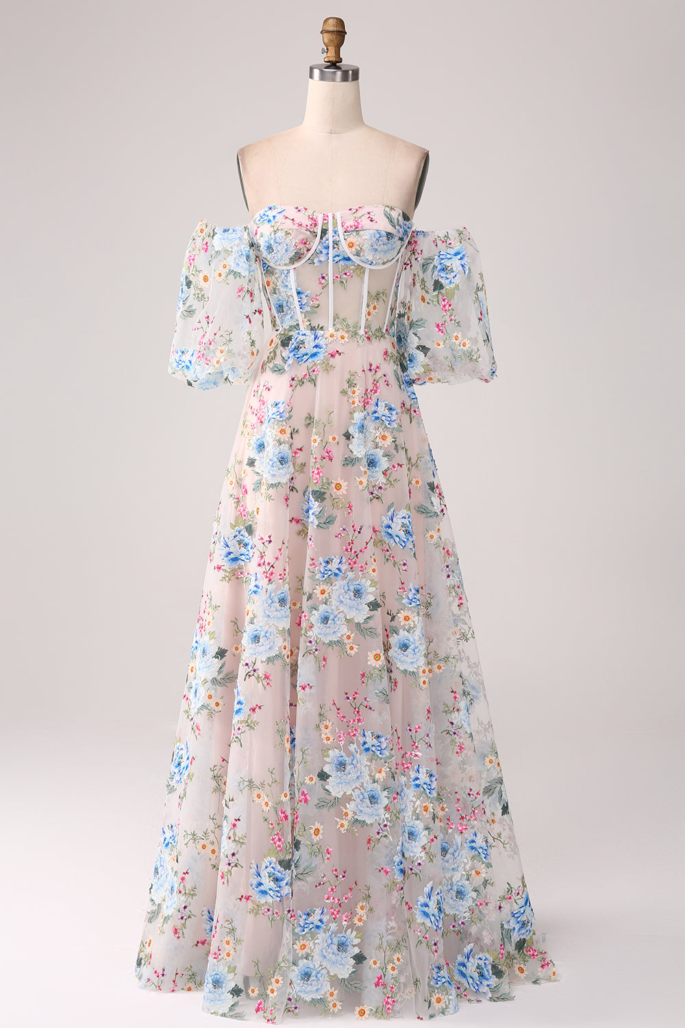 Vestido de fiesta largo con corsé de flor de albaricoque de una línea con hombros descubiertos