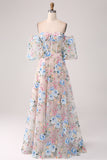 Vestido de fiesta largo con corsé de flor de albaricoque de una línea con hombros descubiertos
