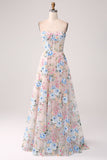 Vestido de fiesta largo con corsé de flor de albaricoque de una línea con hombros descubiertos