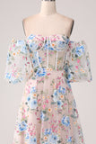 Vestido de fiesta largo con corsé de flor de albaricoque de una línea con hombros descubiertos