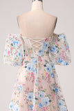 Vestido de fiesta largo con corsé de flor de albaricoque de una línea con hombros descubiertos