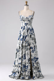 Vestido de fiesta largo con corsé estampado azul plisado con abertura