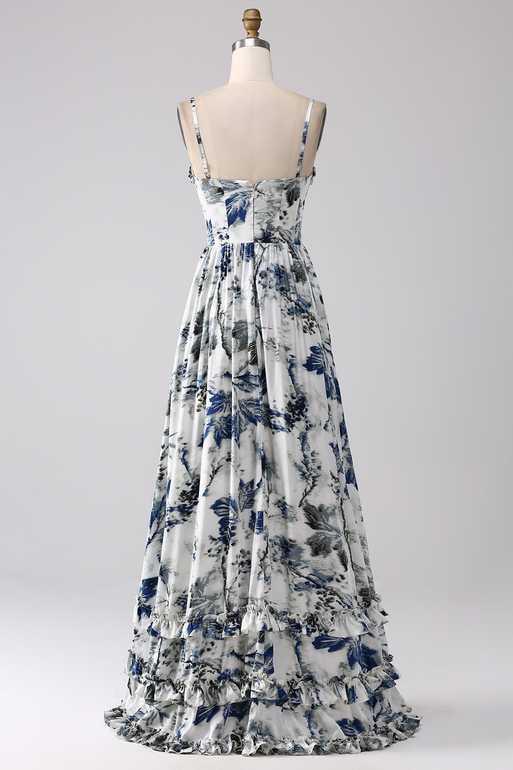 Vestido de fiesta largo con corsé estampado azul plisado con abertura