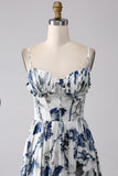 Vestido de fiesta largo con corsé estampado azul plisado con abertura