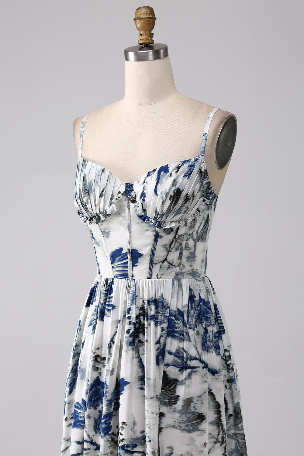 Vestido de fiesta largo con corsé estampado azul plisado con abertura