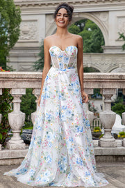 Blanco Azul Flor Una Línea Corsé Novia Vestido Largo De Fiesta Con Abertura