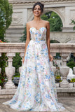 Blanco Azul Flor Una Línea Corsé Novia Vestido Largo De Fiesta Con Abertura