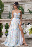 Blanco Azul Flor Una Línea Corsé Novia Vestido Largo De Fiesta Con Abertura