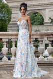 Blanco Azul Flor Una Línea Corsé Novia Vestido Largo De Fiesta Con Abertura
