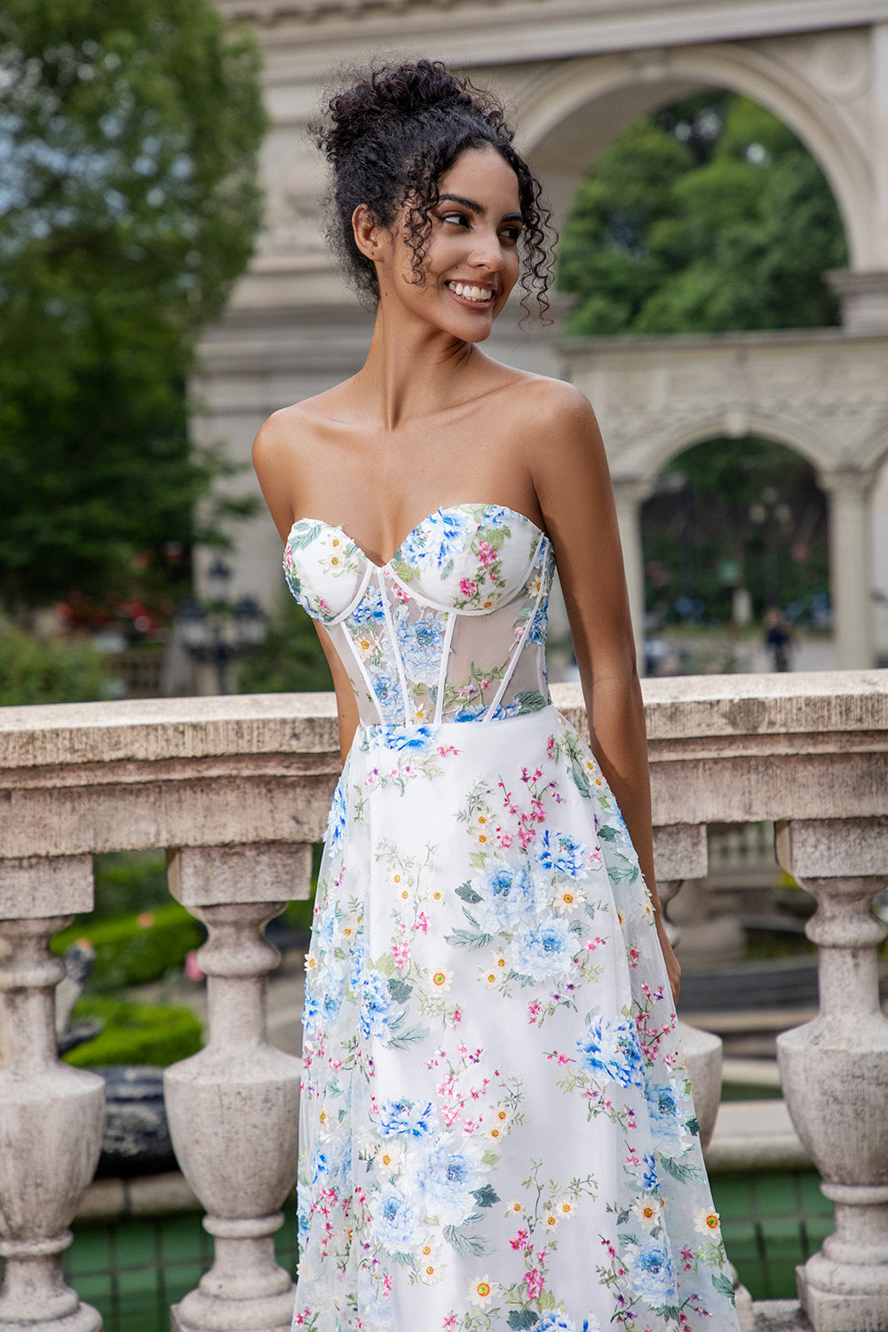 Blanco Azul Flor Una Línea Corsé Novia Vestido Largo De Fiesta Con Abertura