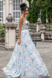 Blanco Azul Flor Una Línea Corsé Novia Vestido Largo De Fiesta Con Abertura