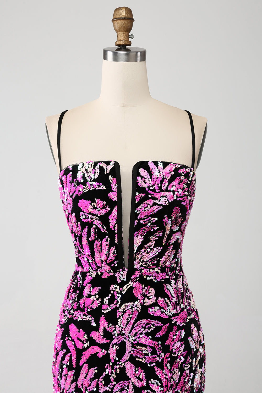 Vestido de fiesta de lentejuelas negras fucsia de sirena brillante con abertura lateral