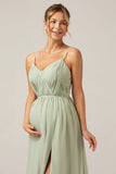 Dusty Sage A-Line Spaghetti Straps Chiffon Vestido largo de dama de honor con abertura