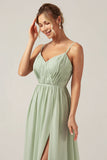 Dusty Sage A-Line Spaghetti Straps Chiffon Vestido largo de dama de honor con abertura