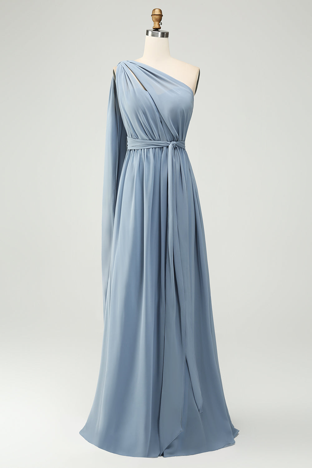 Vestido de dama de honor largo azul empolvado de gasa convertible de una línea