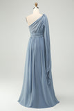 Vestido de dama de honor largo azul empolvado de gasa convertible de una línea