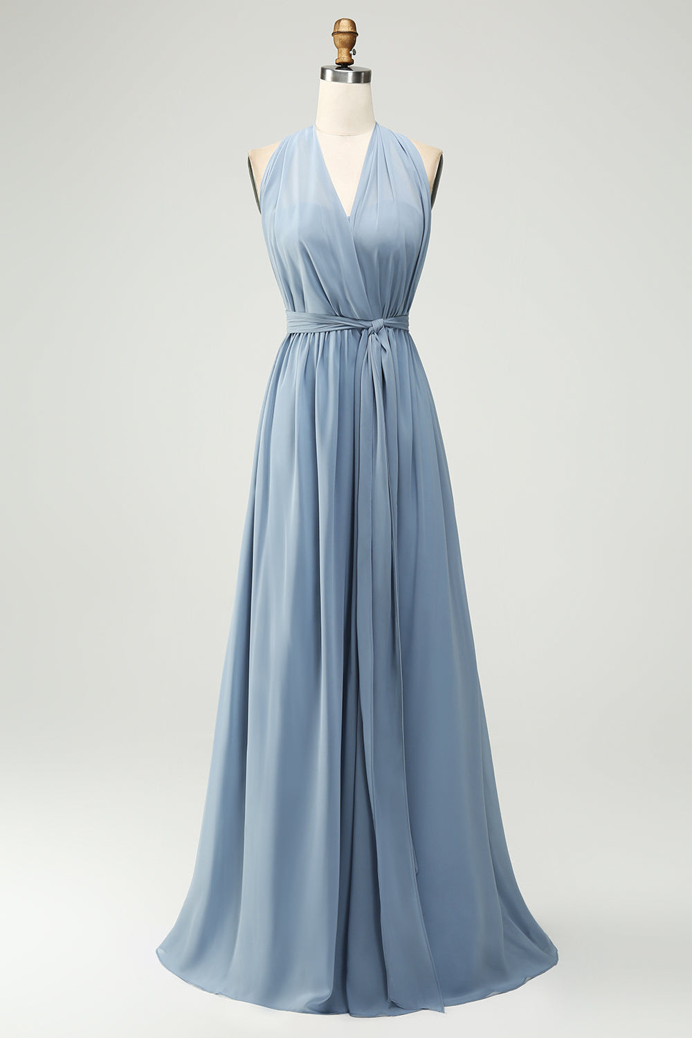 Vestido de dama de honor largo azul empolvado de gasa convertible de una línea