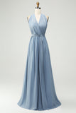 Vestido de dama de honor largo azul empolvado de gasa convertible de una línea
