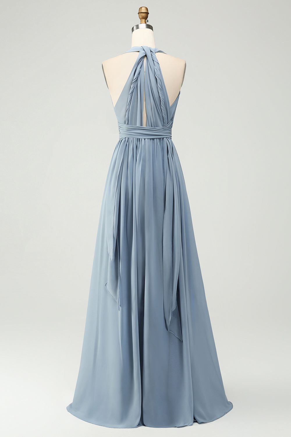 Vestido de dama de honor largo azul empolvado de gasa convertible de una línea