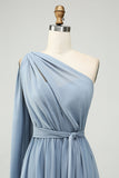 Vestido de dama de honor largo azul empolvado de gasa convertible de una línea