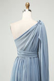 Vestido de dama de honor largo azul empolvado de gasa convertible de una línea