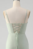 Matcha A Line Spaghetti Straps  Gasa Vestido Largo De Dama De Honor Con Cordones En La Espalda