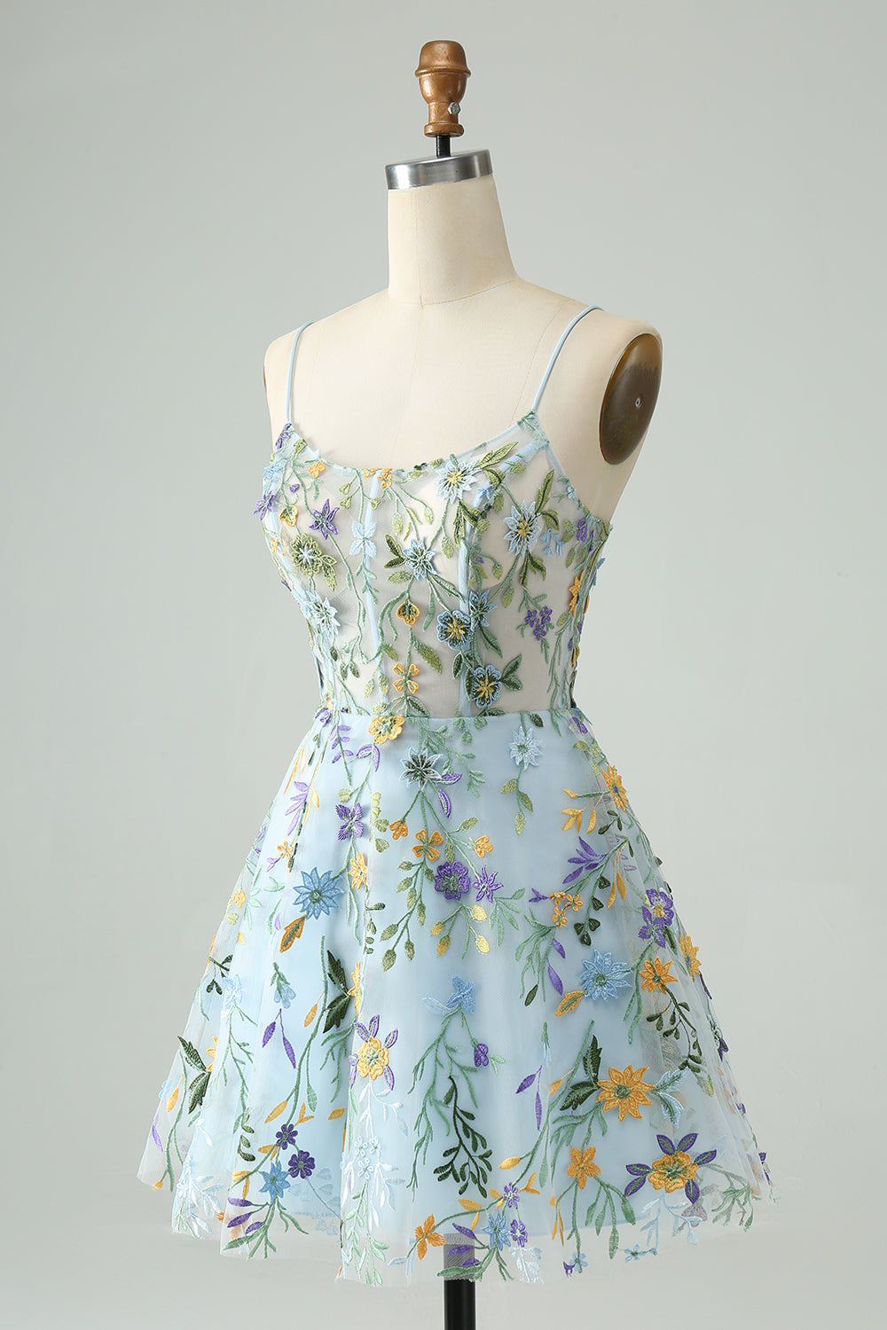 Elegante vestido de cóctel corto con corsé y línea A de flores azules con bordado