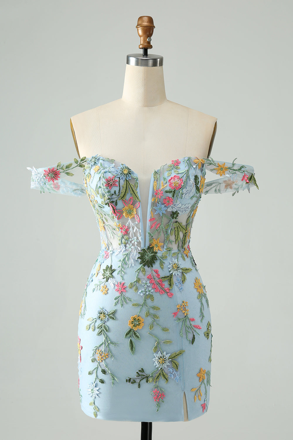 Vestido de cóctel corto bordado con tirantes finos ajustados y flores azules