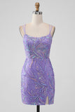Lila brillante Bodycon Lentejuelas Apliques Apliques Vestido corto de regreso a casa con abertura