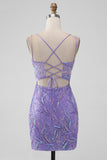 Lila brillante Bodycon Lentejuelas Apliques Apliques Vestido corto de regreso a casa con abertura