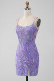Lila brillante Bodycon Lentejuelas Apliques Apliques Vestido corto de regreso a casa con abertura