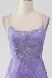 Lila brillante Bodycon Lentejuelas Apliques Apliques Vestido corto de regreso a casa con abertura