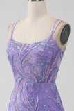 Lila brillante Bodycon Lentejuelas Apliques Apliques Vestido corto de regreso a casa con abertura