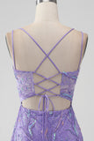 Lila brillante Bodycon Lentejuelas Apliques Apliques Vestido corto de regreso a casa con abertura