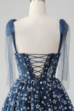 Vestido de cóctel corto con corsé estampado y tirantes finos azul marino