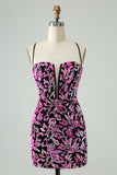 Vestido de cóctel corto con lentejuelas y tirantes finos ajustado fucsia brillante