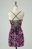 Vestido de cóctel corto con lentejuelas y tirantes finos ajustado fucsia brillante